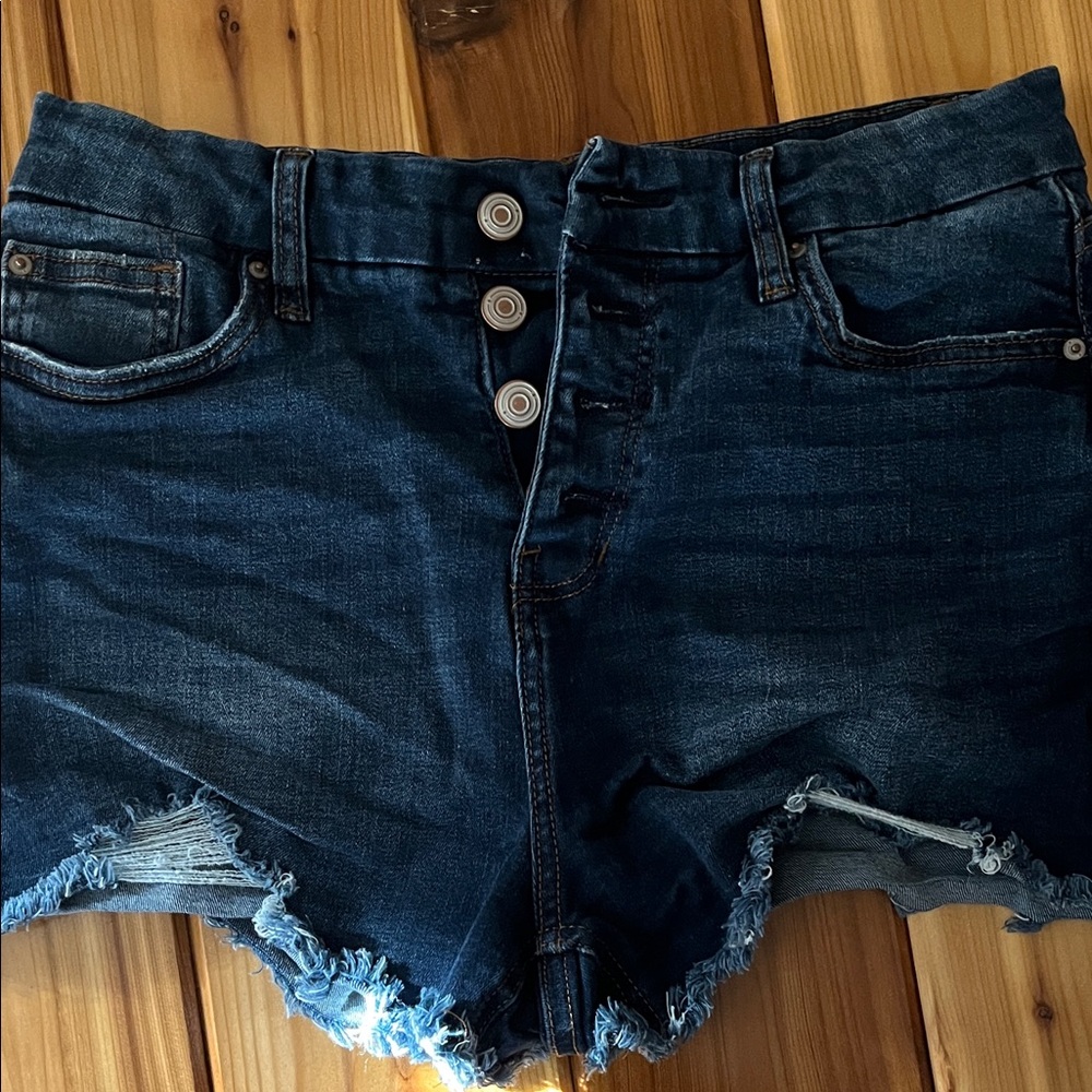 No Boundaries Dark Blue Distressed Button-Front Jean Shorts